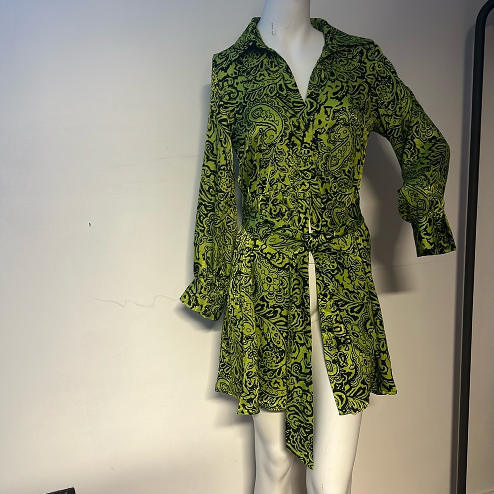 NWT Zara tunic mini shirt dress paisley lime green black silk